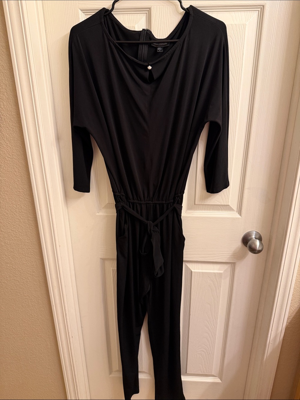 Nina Leonard Black 3/4 Sleeve Tie-Waist Jumpsuit